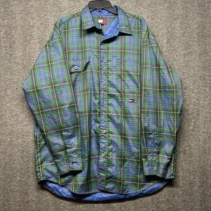 Tommy Jeans Men's Plaid Flannel Button Up Jacket‎ Long Sleeve Blue Green Large